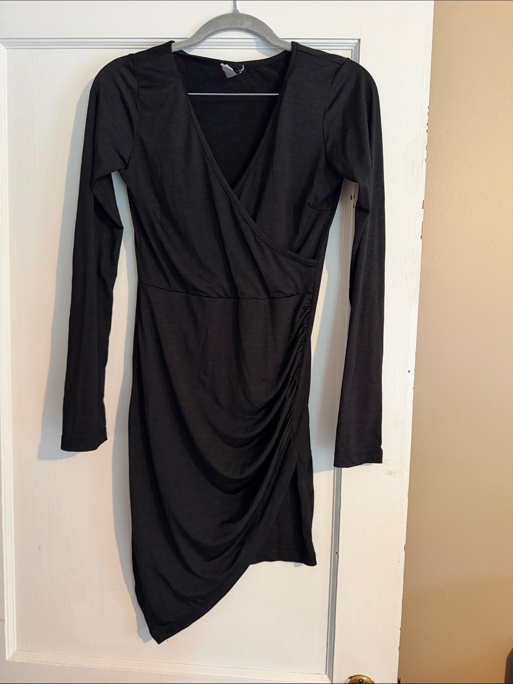 Windsor Black Long-Sleeve Wrap Ruched Asymmetric Dress